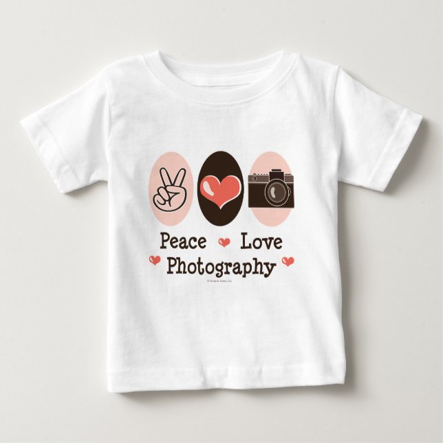 T-shirts Câmera de Fotografia Peace Love Bebê Leve Longa (Frente)