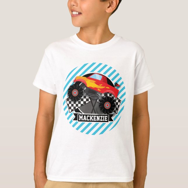 T-shirts Caminhão monstro vermelho; Sinalizador verificado; (Frente)