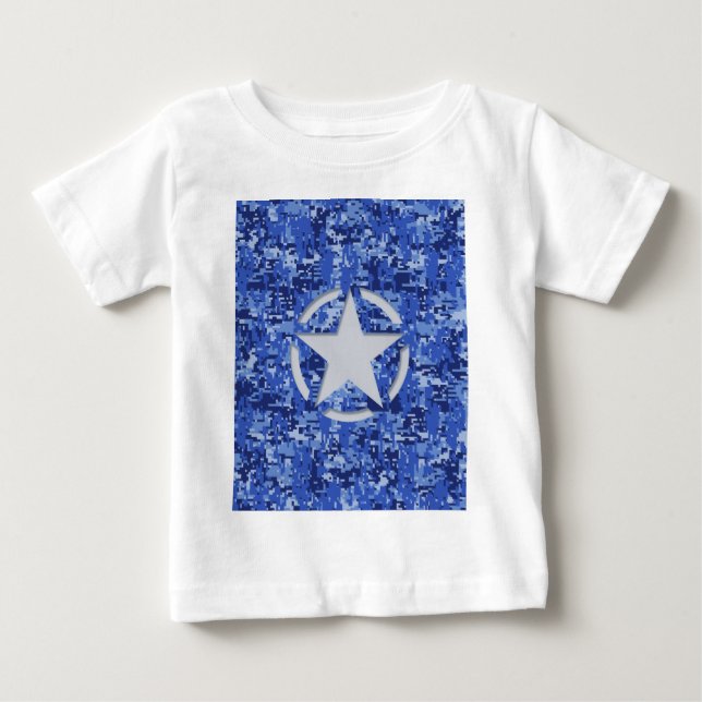 T-shirts Camuflagem Azul do Marinho Retroativo Estêncil Est (Frente)