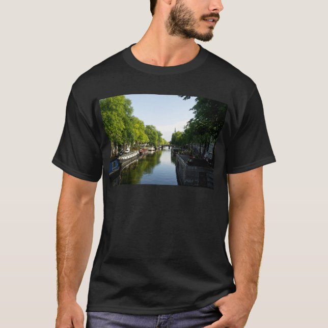 T-shirts Canal de Amsterdã com Houseboats e Árvores Exubera (Frente)
