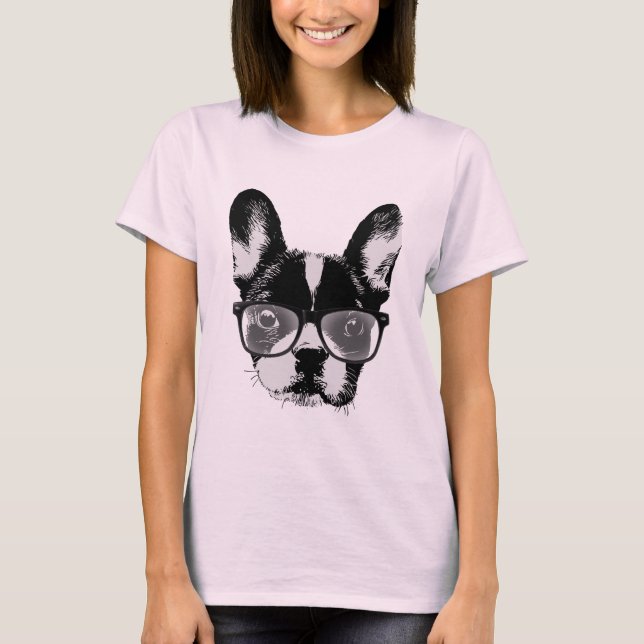 T-shirts Cão bonito Nerdy do buldogue francês (Frente)