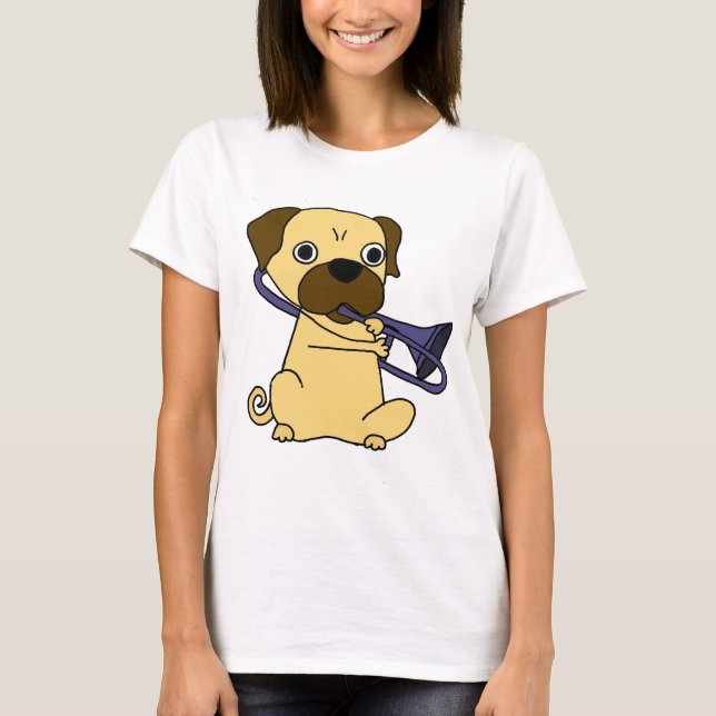 T-shirts Cão engraçado do Pug que joga o Trombone (Frente)