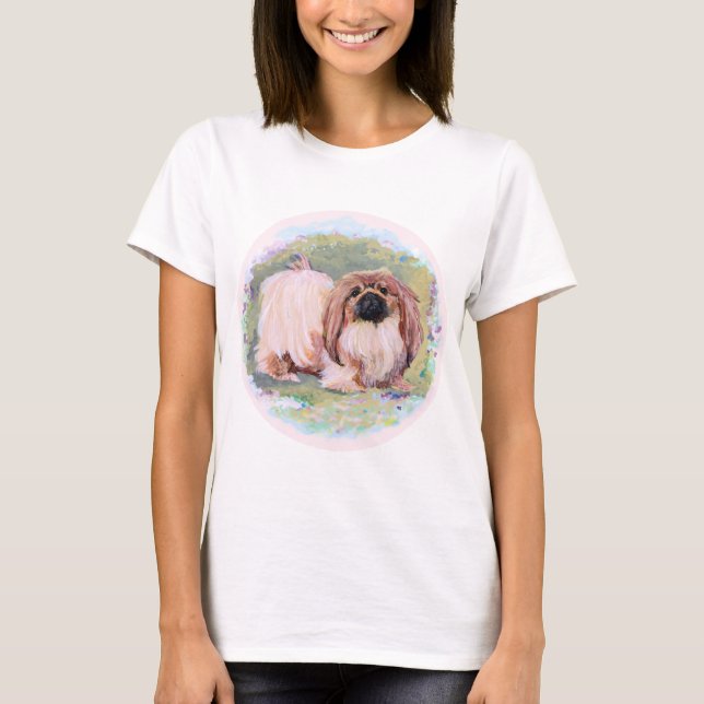 T-shirts Cão Pequinês Bonito em Rosa (Frente)