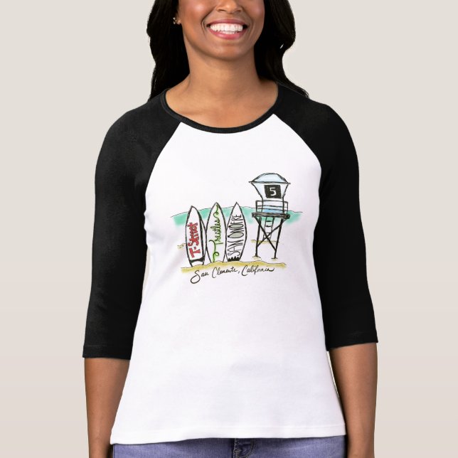 T-shirts Capa do Raglan 3/4 das mulheres de San Clemente do (Frente)