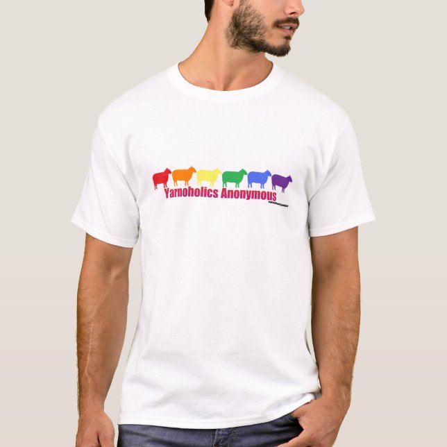 T-shirts Carneiros anónimos do arco-íris de Yarnoholics (Frente)