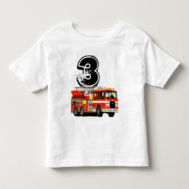 T-shirts Carro de bombeiros do vermelho do aniversário de 3 (Frente)
