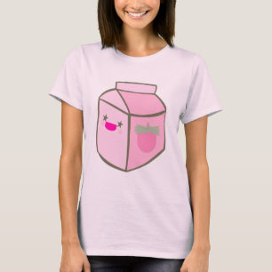 T-SHIRTS CARTÃO DE LEITE DE MORANGO KAWAII ROSTO FELIZ DELI