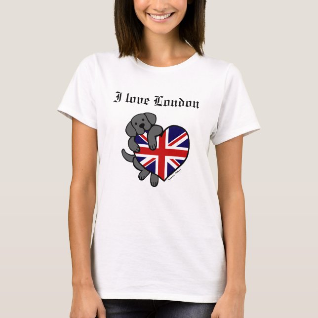 T-shirts Cartoon Black Labrador & UK Flag Heart 2 (Frente)