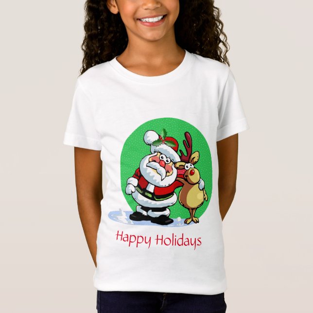 T-shirts Cartoon do Papai Noel com renas (Frente)