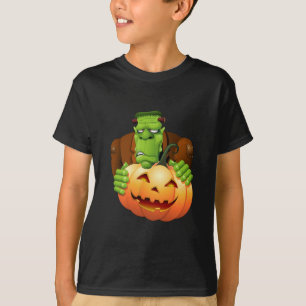 T-shirts Cartoon Frankenstein Monster com Pumpkin