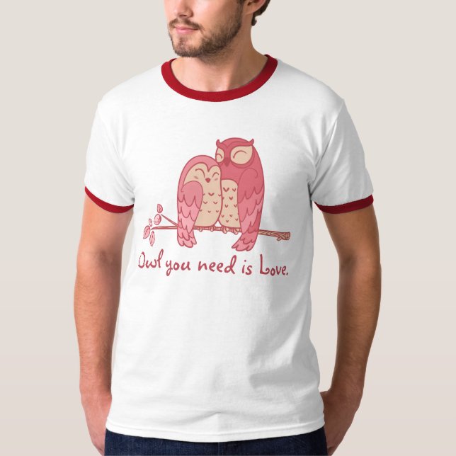T-shirts Casal cor-de-rosa da coruja com chalaça (Frente)
