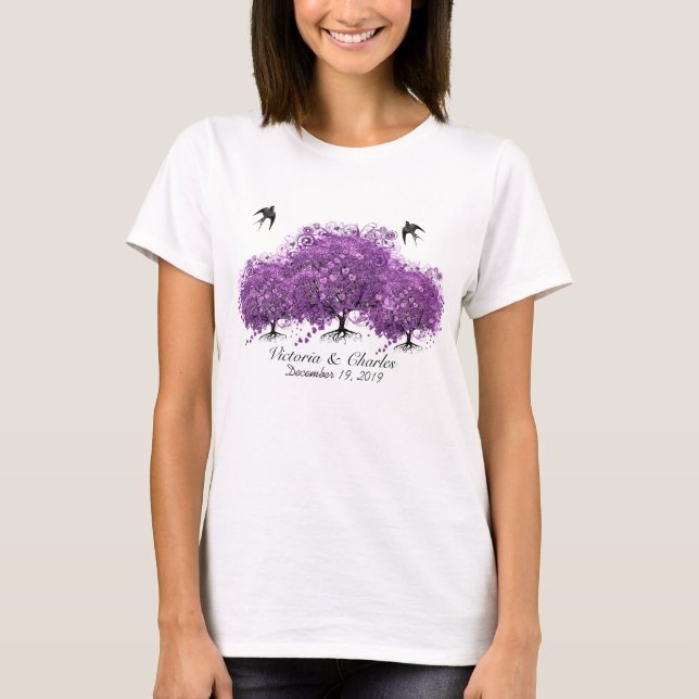 T-shirts Casamento com folhas de folhas de coração roxo rad (Frente)