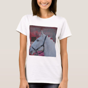 T-shirts cavalo branco puro com ponte preta e flores vermel
