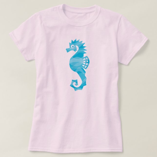 T-shirts Cavalo marinho com ondas do aqua (Frente do Design)