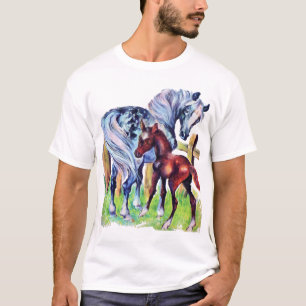 T-shirts Cavalos Mãe Bebê Campo de Grama