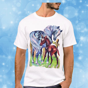 T-shirts Cavalos Mãe Bebê Campo de Grama