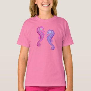 T-shirts Cavalos marinhos cor-de-rosa e roxos do tema da