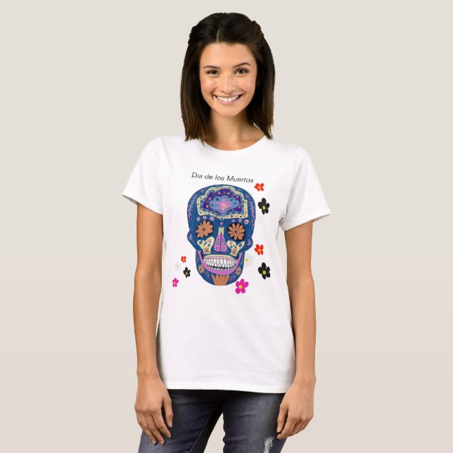T-shirts Caveira de Açúcar Estilo Tatuagem Azul Rosa e Lara (Frente Completa)