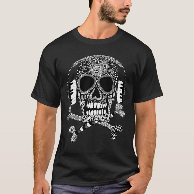T-shirts Caveira e ossos cruzados com Fones de ouvido (Frente)