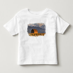 T-shirts Celeiro antigo enquadrado por fardos de feno e dra