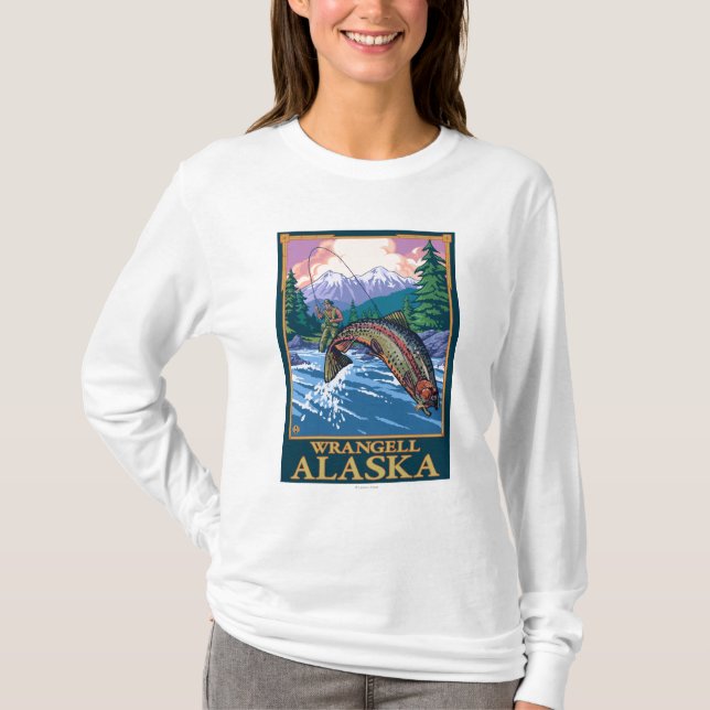 T-shirts Cena da pesca com mosca - Wrangell, Alaska (Frente)