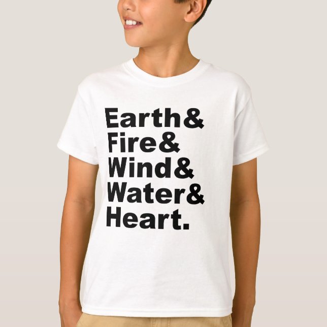 T-shirts Cinco Elementos | Terra Fogo Vento Água & Coração (Frente)