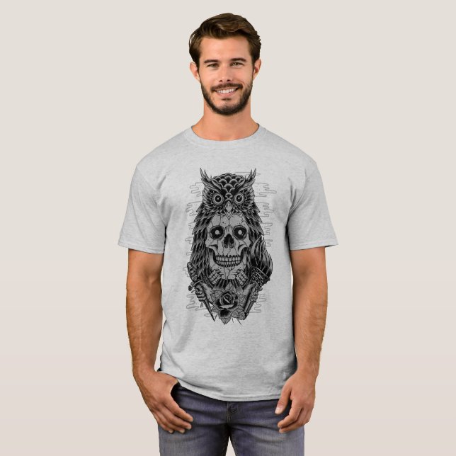 T-shirts Cinza de Tatuagem de Coruja de Crânio (Frente Completa)