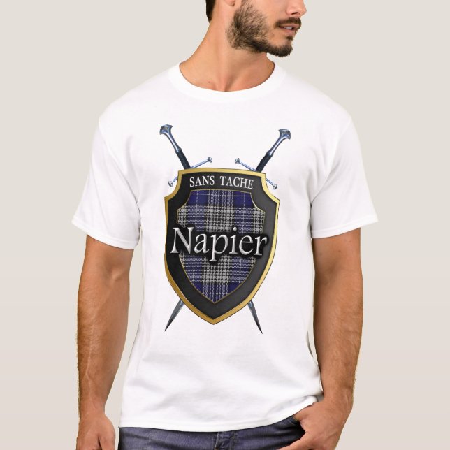 T-shirts Clan Napier Tartan Xadrez Shield & Espadas (Frente)
