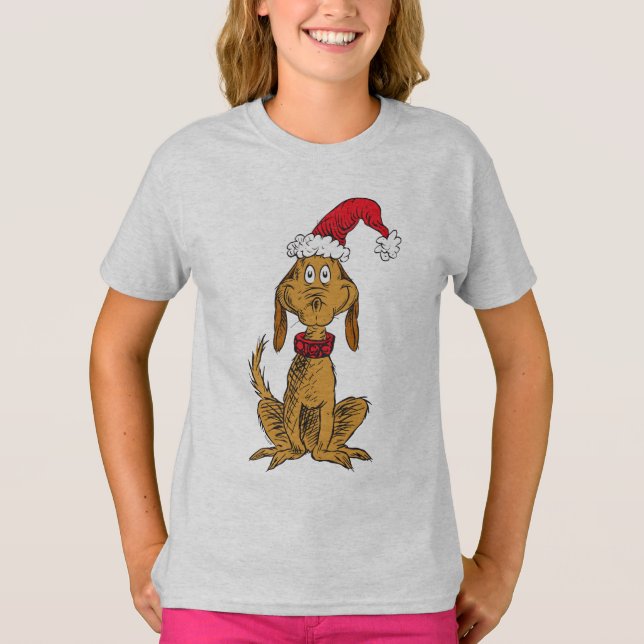 T-shirts Clássico O Grinch | Max - Chapéu de Papai Noel (Frente)