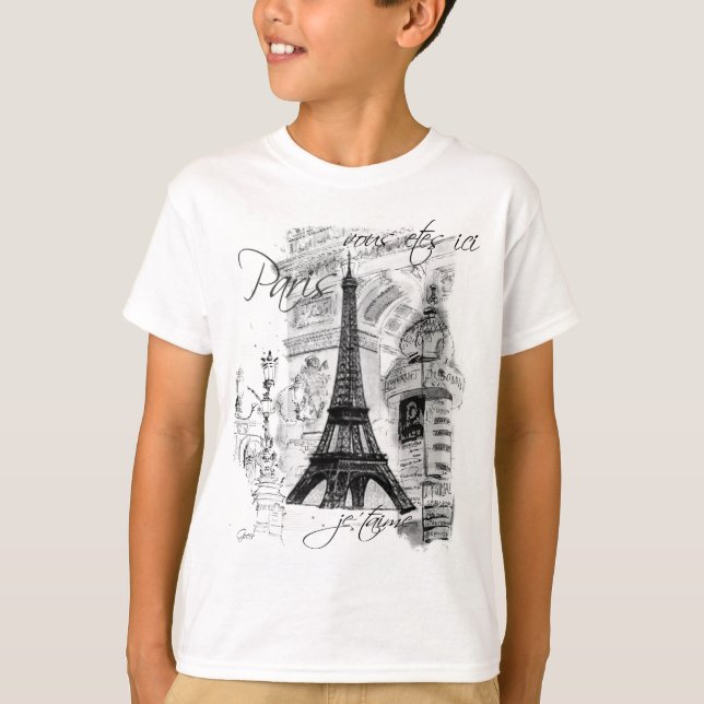T-shirts Colagem em Cena Francesa em Torre Eiffel de Paris (Frente)