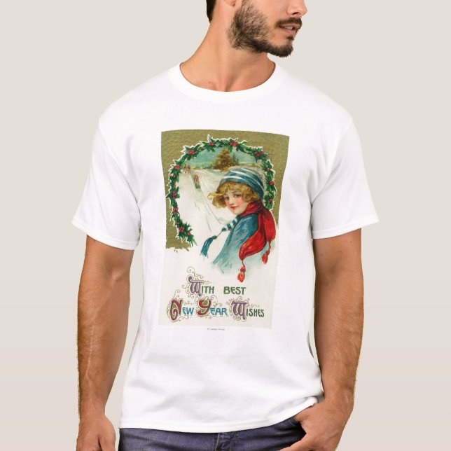 T-shirts Com os melhores desejos do ano novo que Sledding a (Frente)