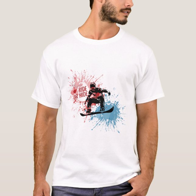 T-shirts com um homem a saltar num snowboard. (Frente)