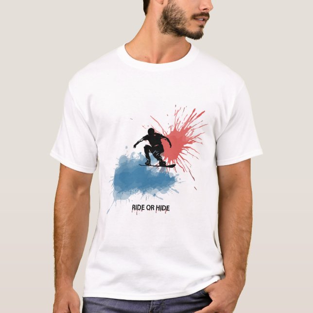 T-shirts com um homem a saltar num snowboard. (Frente)