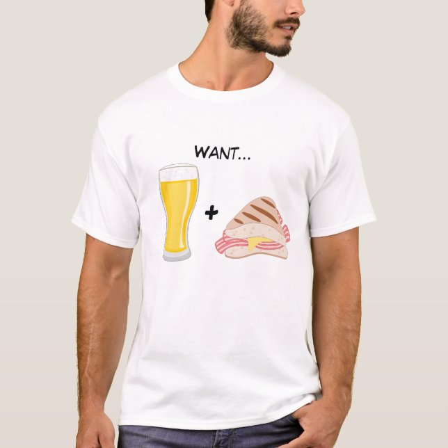 T-shirts Comida do Homem: Quero Cerveja e Sanduíche de Baco (Frente)