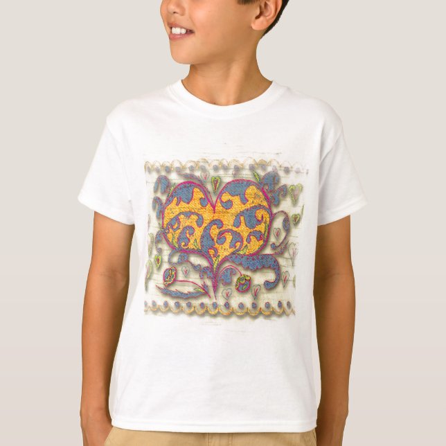 T-shirts Coração Folk Art com folhas e flores (Frente)
