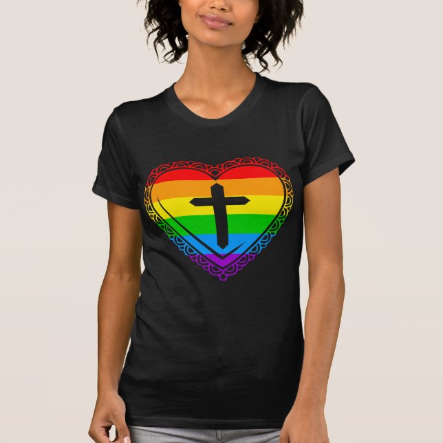 T-shirts Coração Gótico & Cruz (Preto + Arco-íris) (Frente)