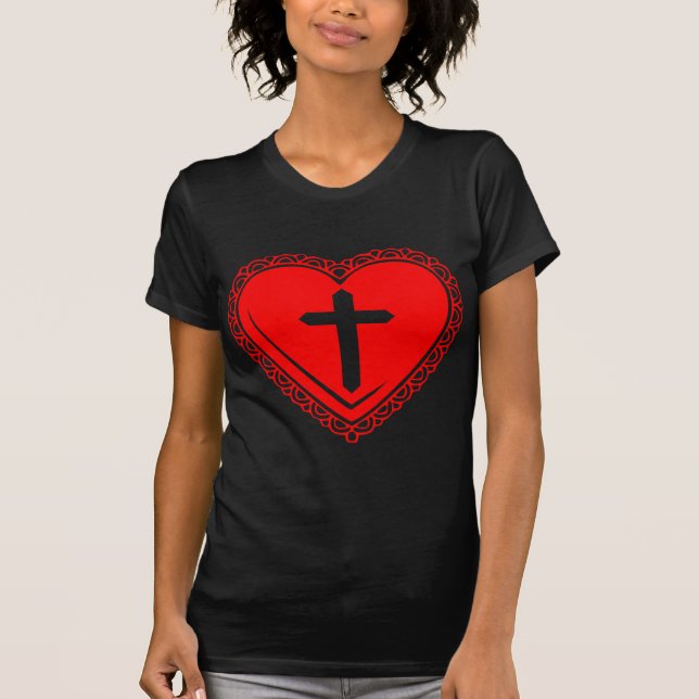 T-shirts Coração Gótico & Cruz (Vermelho) (Frente)