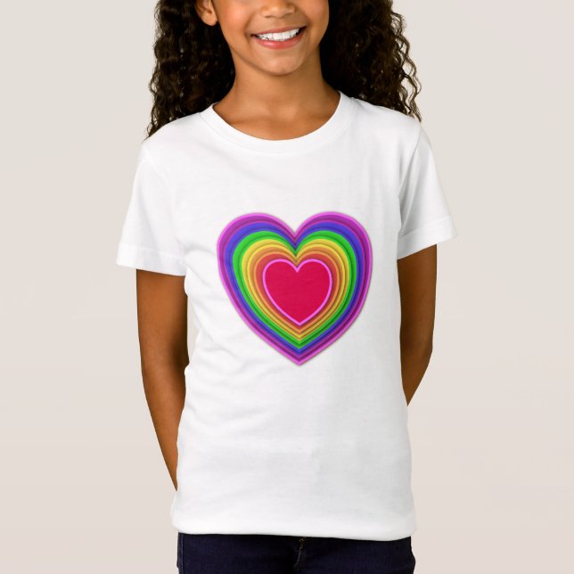 T-shirts Corações 3D em camadas em cores de arco-íris (Frente)