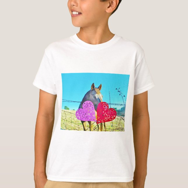 T-shirts Corações Namorados de cavalo branco e castanho (Frente)
