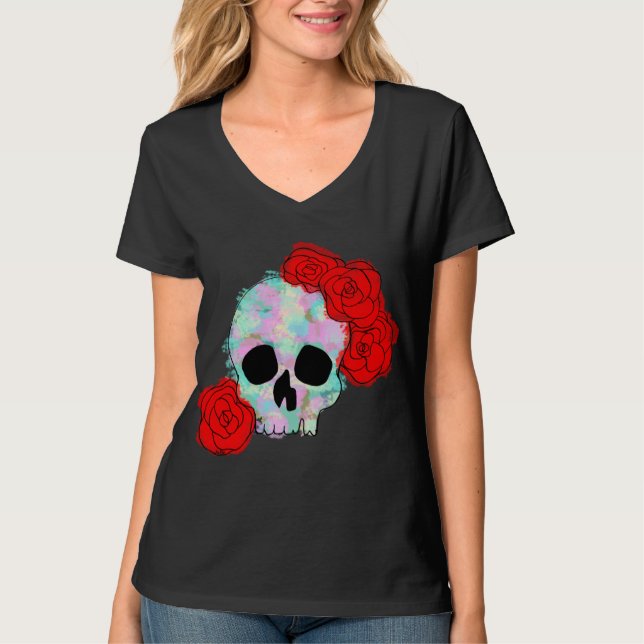 T-shirts Crânio com as mulheres das flores superiores (Frente)