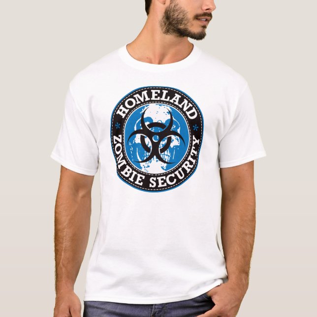 T-shirts Crânio da segurança do zombi da pátria - azul (Frente)