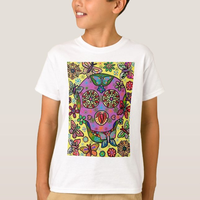 T-shirts Crânio do açúcar da borboleta da flor de Sun (Frente)