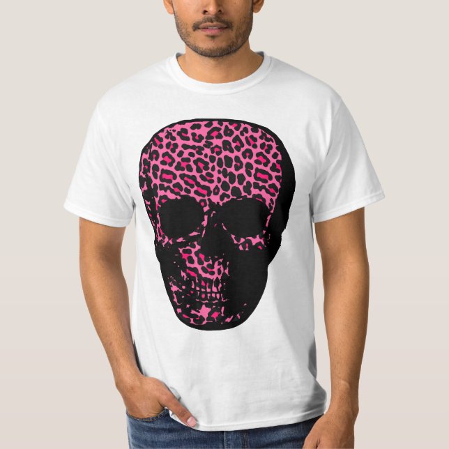 T-shirts Crânio do impressão do leopardo do rosa chocante (Frente)