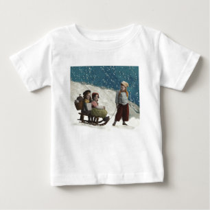 T-shirts Crianças Antigas Descendo de Trenó Natal Inverno