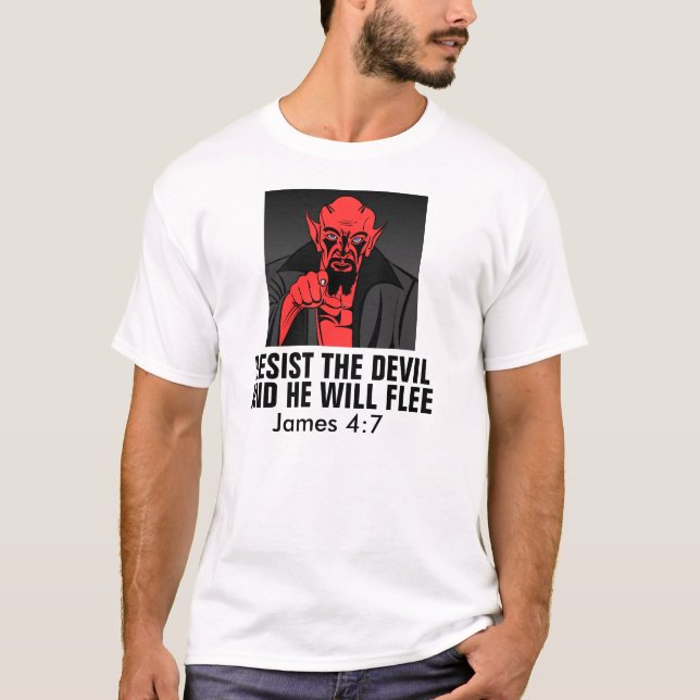T-shirts cristãs, resiste ao diabo, James 4:7 (Frente)
