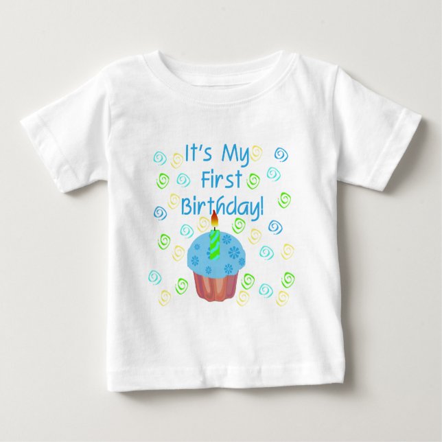 T-shirts Cupcake Azul com Vela Primeiro Aniversário (Frente)