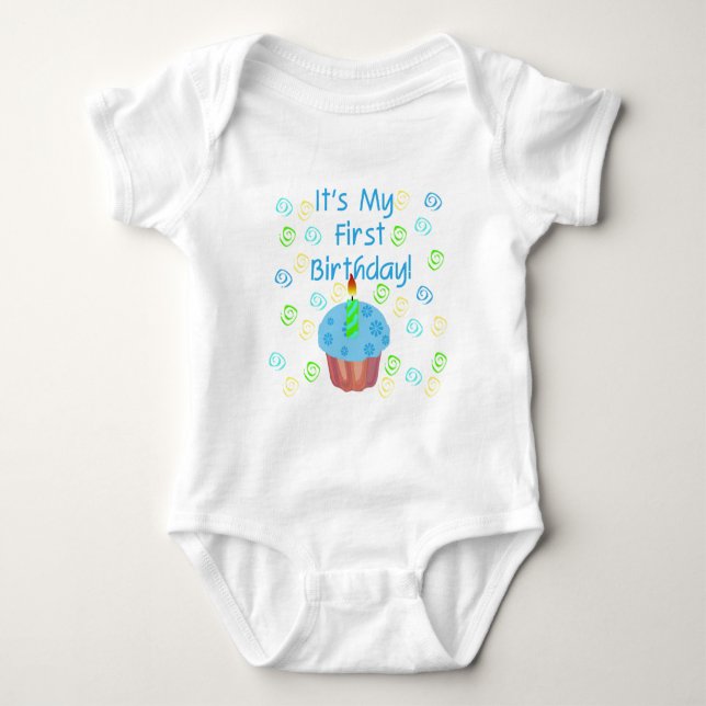 T-shirts Cupcake Azul com Vela Primeiro Aniversário (Frente)