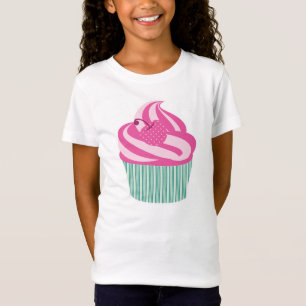 T-shirts Cupcake cor-de-rosa da cereja com listras verdes