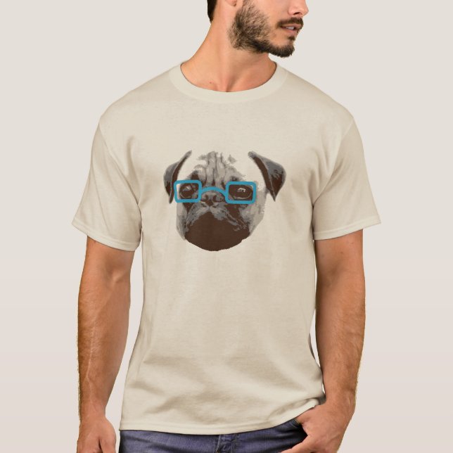 T-shirts Cute Pug Hipster com Óculos Azuis (Frente)
