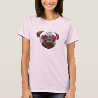 T-shirts Cute Pug Hipster com Óculos Rosa